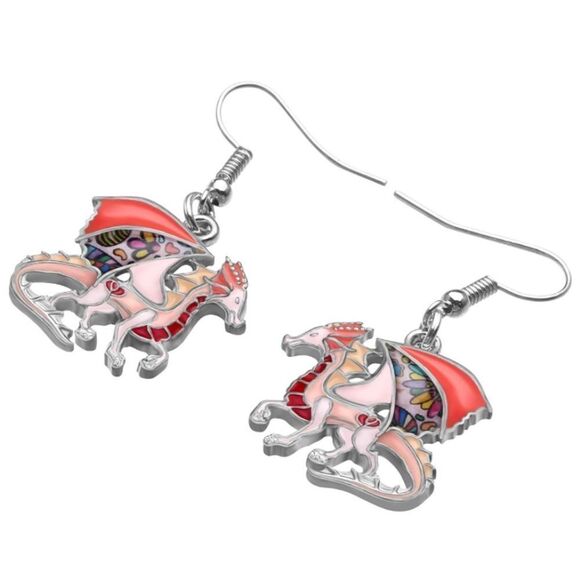Silver and Multicolor Enamel Mythical Dragon Dangling French Wire Hook Earrings - Picture 3 of 5